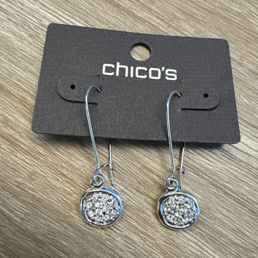 Chico's Earrings Silver  Pave Crystal Disc Drop CZ NWT Quiet Luxury NWT $25